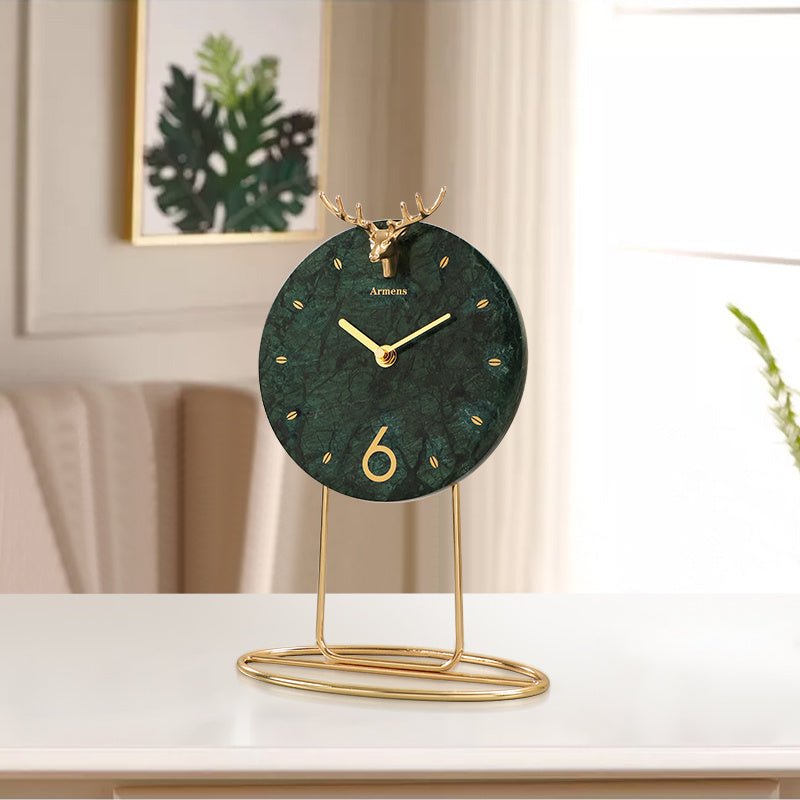 Light Luxury Marble Desktop Clock – Modern Metal Seat Clock with Silent Quartz Movement - AlloraDecor