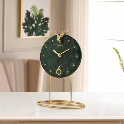 Light Luxury Marble Desktop Clock – Modern Metal Seat Clock with Silent Quartz Movement - AlloraDecor